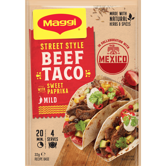Maggi Street Style Beef Taco package with beef tacos on a wooden board.