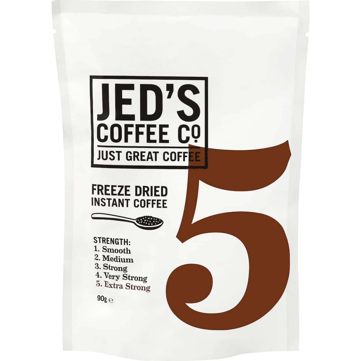 Jed's Coffee Co. freeze dried instant coffee package with strength rating on a white background
