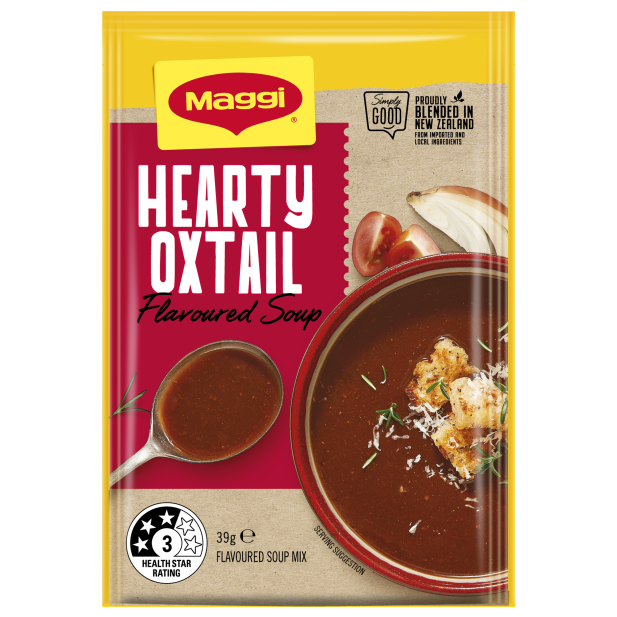 Maggi Hearty Oxtail Soup package with a bowl of soup and ingredients on a white background