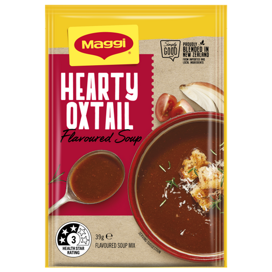 Maggi Hearty Oxtail Soup package with a bowl of soup and ingredients on a white background