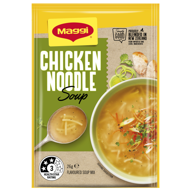 Maggi Chicken Noodle Soup package with a bowl of soup and spoon on a yellow background