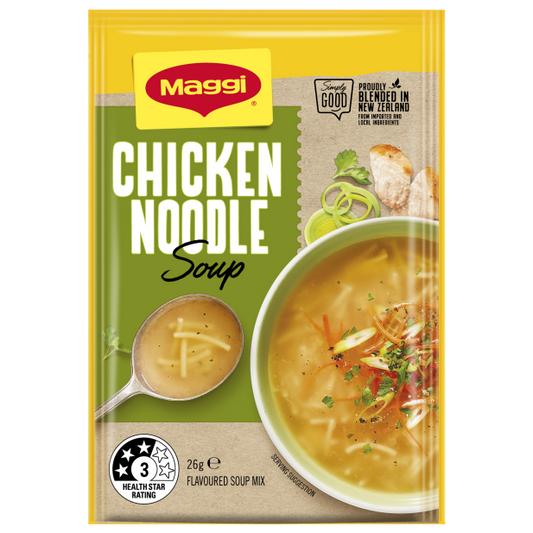 Maggi Chicken Noodle Soup package with a bowl of soup and spoon on a yellow background