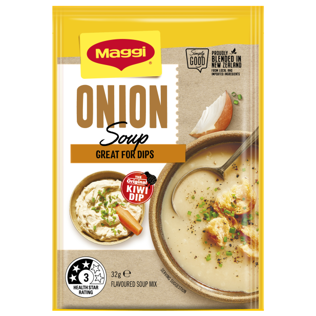 Maggi Onion Soup mix packaging with images of soup and dip on a white background