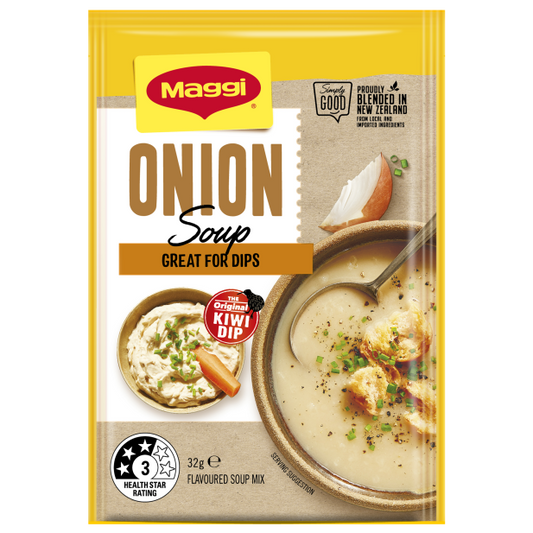 Maggi Onion Soup mix packaging with images of soup and dip on a white background