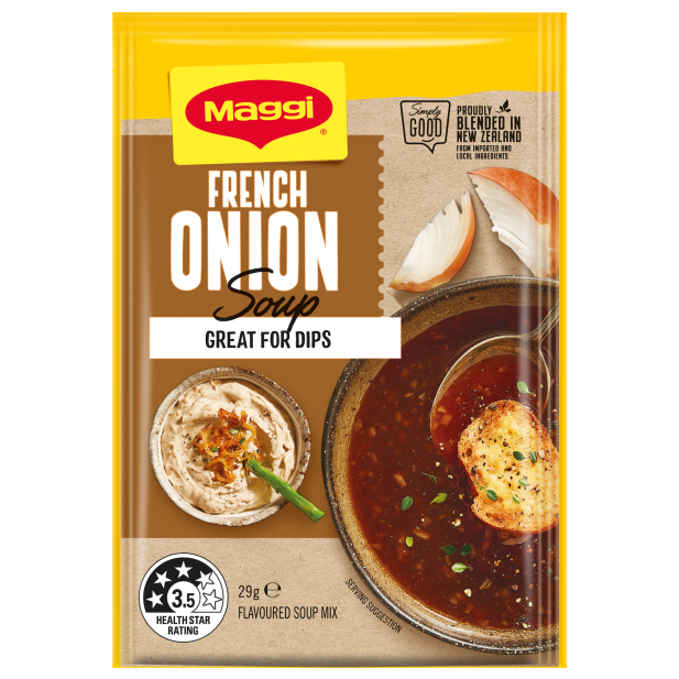 Maggi French Onion Soup mix packaging with images of soup and dip on a white background