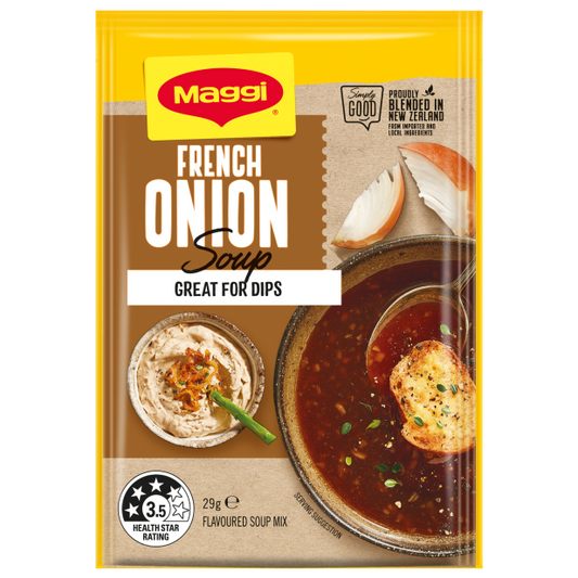 Maggi French Onion Soup mix packaging with images of soup and dip on a white background