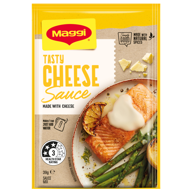 Maggi Tasty Cheese Sauce packet with salmon and asparagus on a white background