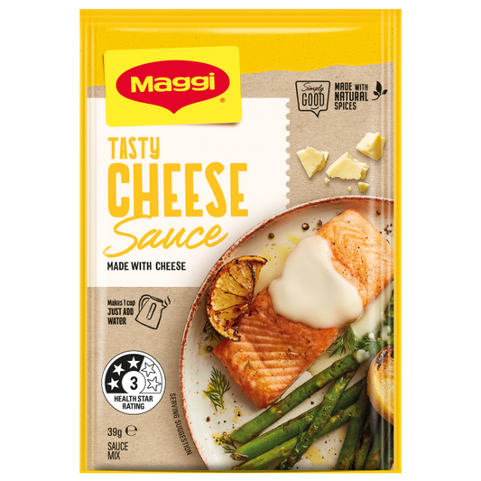 Maggi Tasty Cheese Sauce packet with salmon and asparagus on a white background
