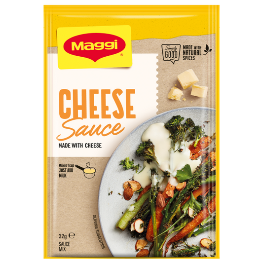 Maggi Cheese Sauce packet with a plate of vegetables and cheese on a white background