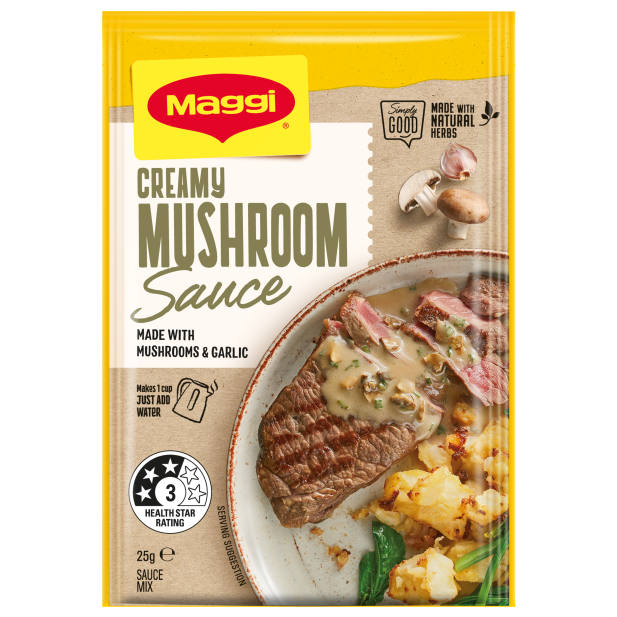 Maggi Creamy Mushroom Sauce packet with a dish of steak and mushrooms on a white background