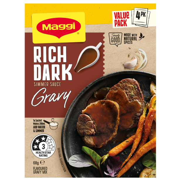 Maggi Rich Dark Simmer Sauce Gravy packaging with beef and carrots on a white background