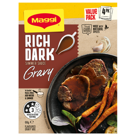 Maggi Rich Dark Simmer Sauce Gravy packaging with beef and carrots on a white background
