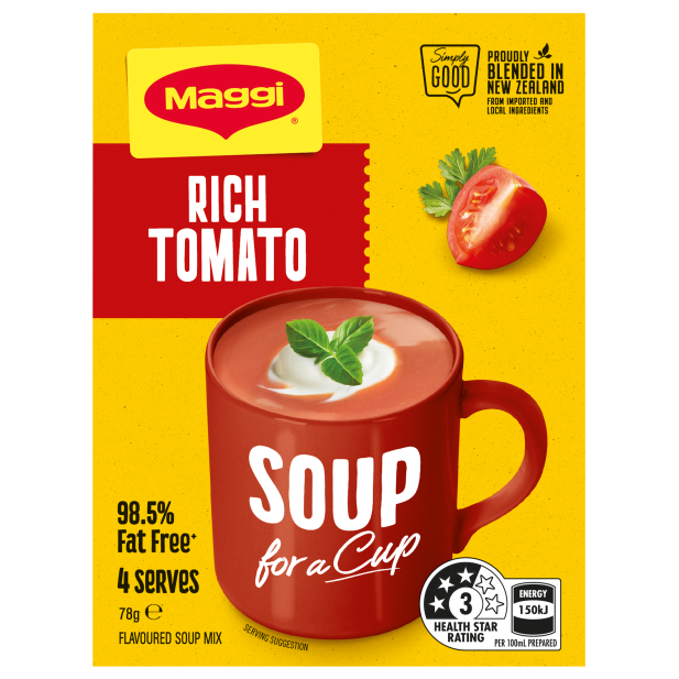 Maggi Rich Tomato Soup for a Cup packaging with a red mug on a yellow background