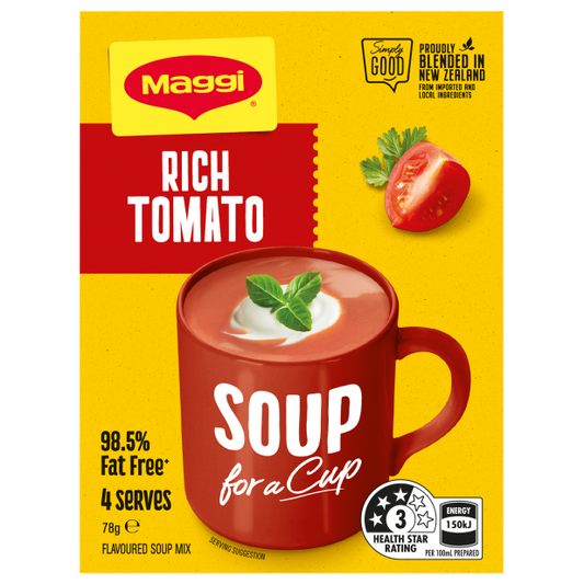 Maggi Rich Tomato Soup for a Cup packaging with a red mug on a yellow background