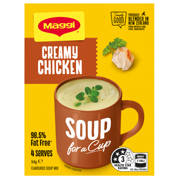 Maggi Creamy Chicken Soup for a Cup packaging on a yellow background