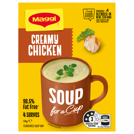 Maggi Creamy Chicken Soup for a Cup packaging on a yellow background