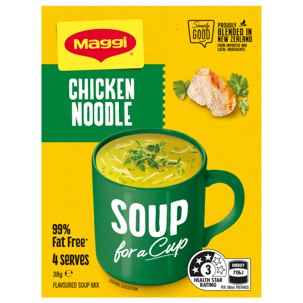 Maggi Chicken Noodle soup packaging with a green mug on a yellow background