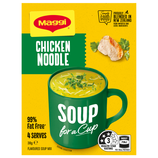 Maggi Chicken Noodle soup packaging with a green mug on a yellow background