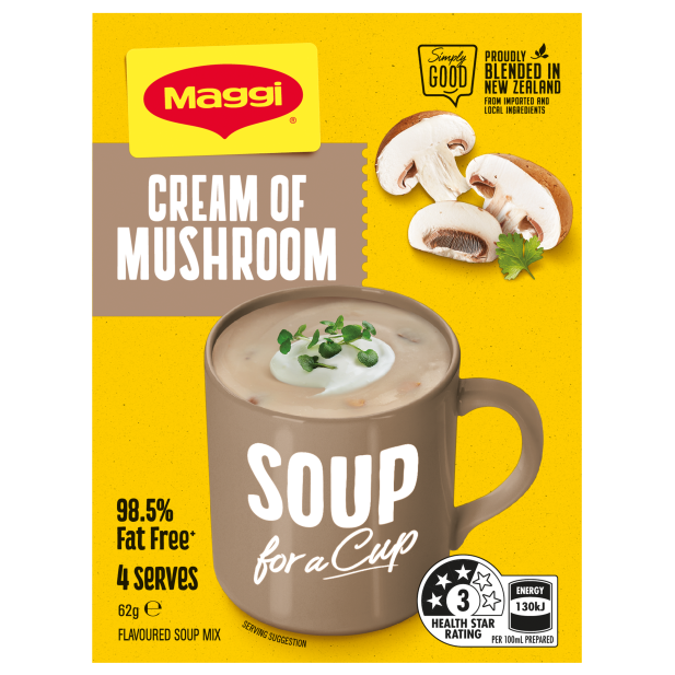 Maggi Cream of Mushroom soup packaging with a yellow background