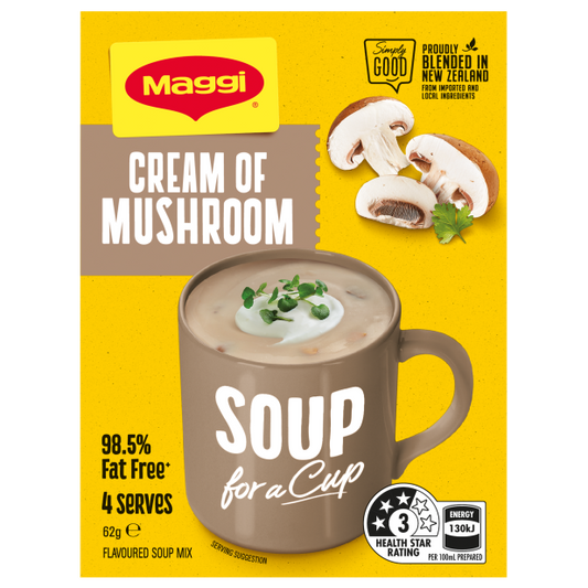 Maggi Cream of Mushroom soup packaging with a yellow background