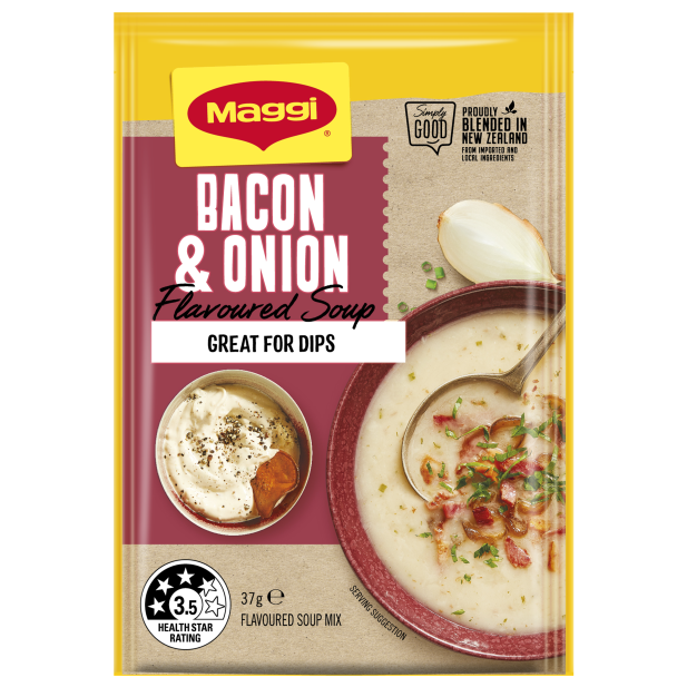 Maggi Bacon & Onion Flavoured Soup package on a white background