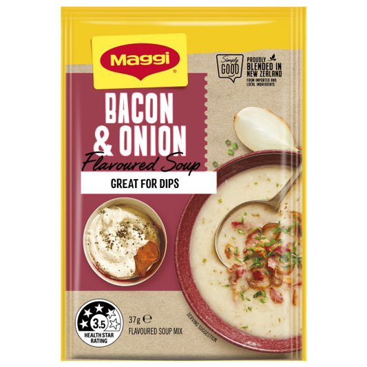 Maggi Bacon & Onion Flavoured Soup package on a white background