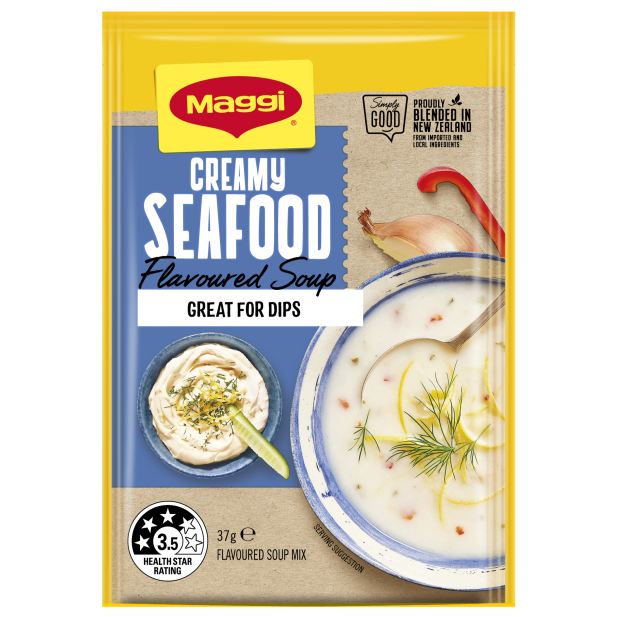 Maggi Creamy Seafood Flavoured Soup package on a white background