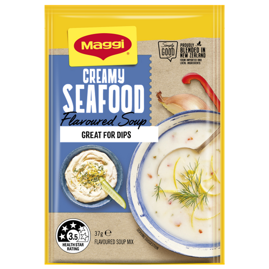 Maggi Creamy Seafood Flavoured Soup package on a white background