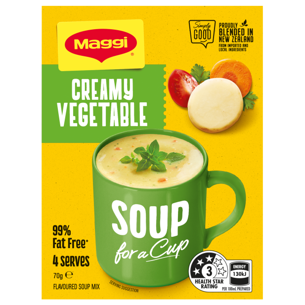 Maggi creamy vegetable soup for a cup packaging on a yellow background