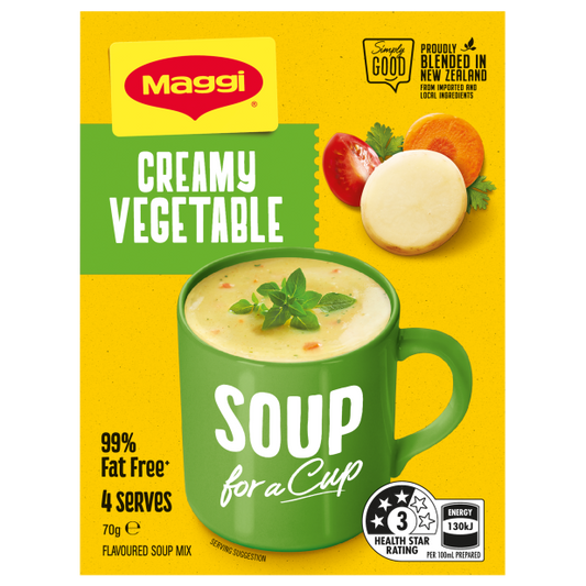 Maggi creamy vegetable soup for a cup packaging on a yellow background