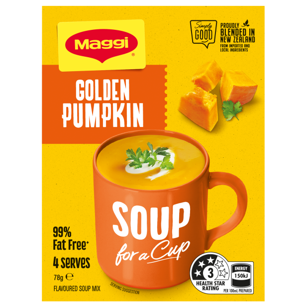 Maggi Golden Pumpkin Soup for a Cup packaging with a cup of soup on a yellow background