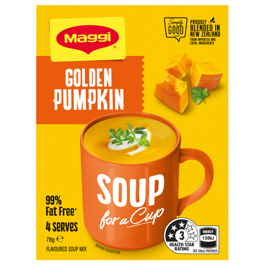 Maggi Golden Pumpkin Soup for a Cup packaging with a cup of soup on a yellow background