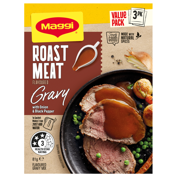Maggi Roast Meat Flavoured Gravy packaging with roast meat and gravy on a plate.