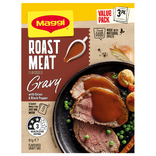 Maggi Roast Meat Flavoured Gravy packaging with roast meat and gravy on a plate.
