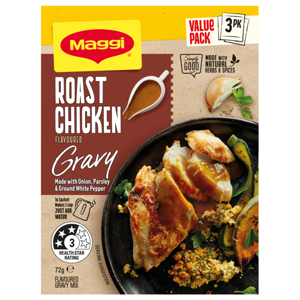 Maggi Roast Chicken Flavoured Gravy packaging with roasted chicken and vegetables on a white background