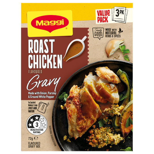 Maggi Roast Chicken Flavoured Gravy packaging with roasted chicken and vegetables on a white background