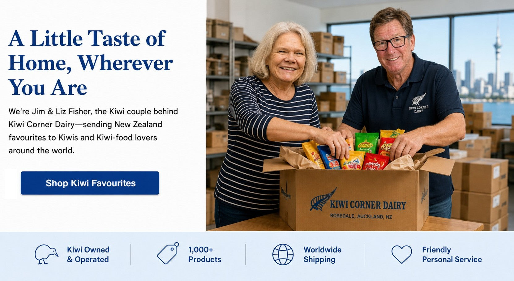 Promotional banner for Kiwi Corner Dairy featuring a smiling couple in a warehouse setting with a cardboard box of assorted packaged snacks and sweets. Large text on the left reads 'A Little Taste of Home, Wherever You Are,' with a blue 'Shop Kiwi Favourites' button.