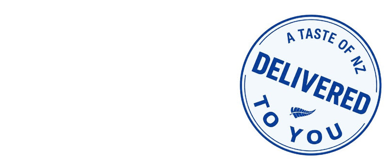 A blue circular stamp-style graphic on a white background with the text 'A TASTE OF NZ DELIVERED TO YOU' and a small kiwi illustration.