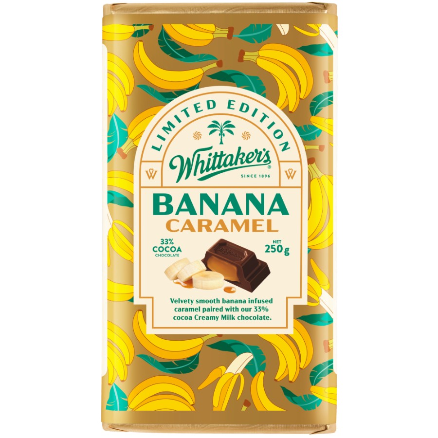 Whittaker’s Chocolate Block Banana Caramel 250g creamy New Zealand milk chocolate filled with banana and caramel available in the USA and worldwide

