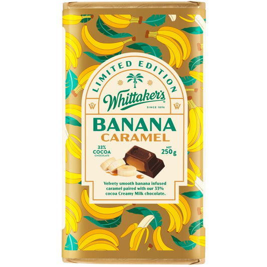 Whittaker’s Chocolate Block Banana Caramel 250g creamy New Zealand milk chocolate filled with banana and caramel available in the USA and worldwide

