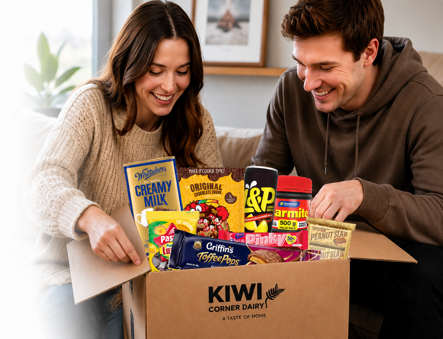 A smiling couple sits on a couch opening a cardboard box filled with assorted grocery items, including a carton of creamy milk, a jar of P&G armite, and other packaged snacks and drinks. The box is branded KIWI Corner Dairy.