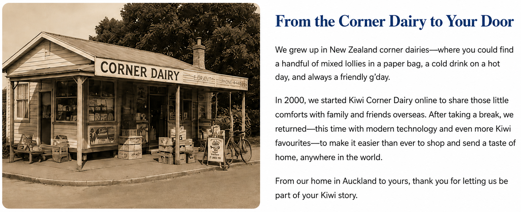 A vintage-style promotional graphic with a sepia-toned photograph of a corner dairy shop on the left and a block of text on the right titled 'From the Corner Dairy to Your Door' describing the Kiwi Corner Dairy online store.