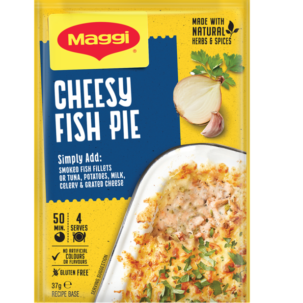 Maggi Cheesy Fish Pie packaging with yellow and blue design