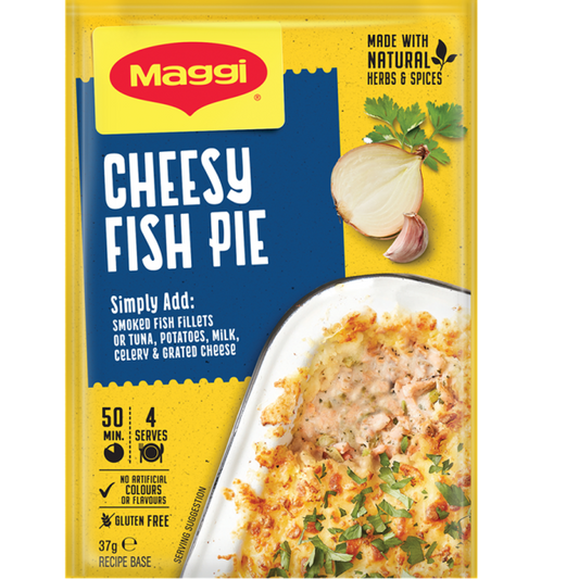 Maggi Cheesy Fish Pie packaging with yellow and blue design