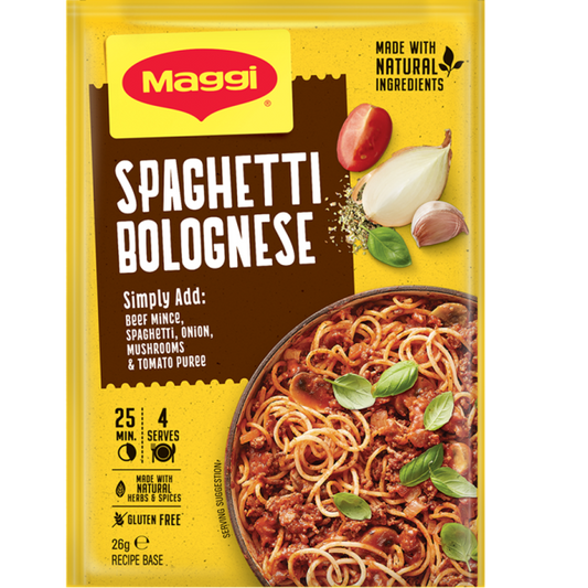 Maggi Spaghetti Bolognese packaging with yellow and brown design