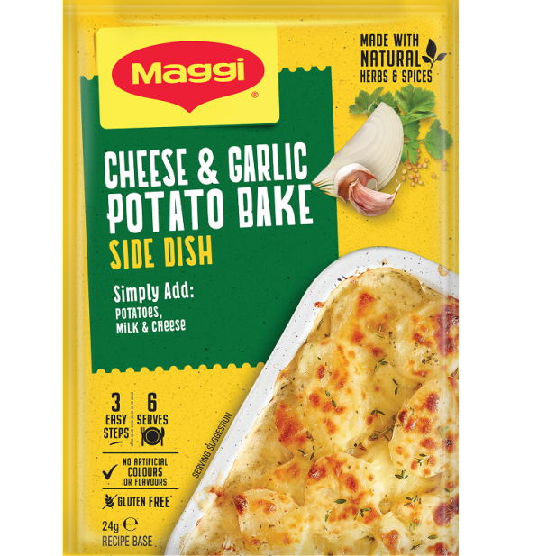 Maggi Cheese & Garlic Potato Bake side dish packaging on a white background