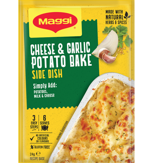 Maggi Cheese & Garlic Potato Bake side dish packaging on a white background
