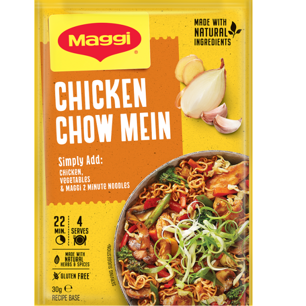 Maggi Chicken Chow Mein packaging with ingredients and preparation details.