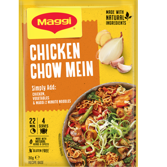 Maggi Chicken Chow Mein packaging with ingredients and preparation details.