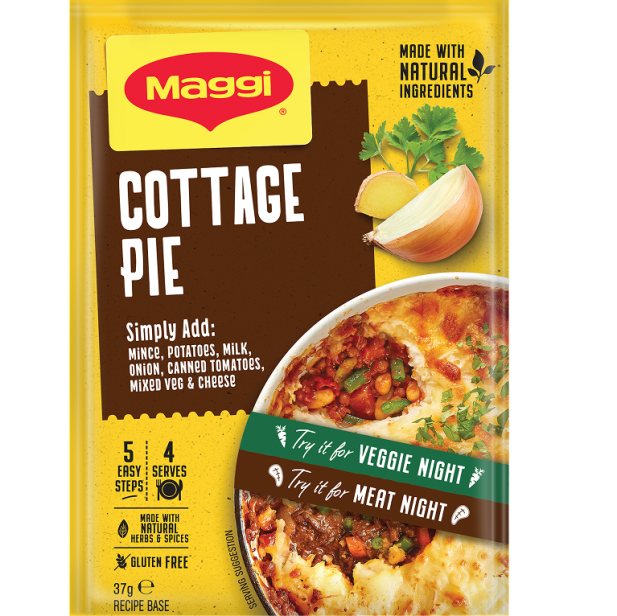 Maggi Cottage Pie seasoning packet with images of a dish and text on a yellow background